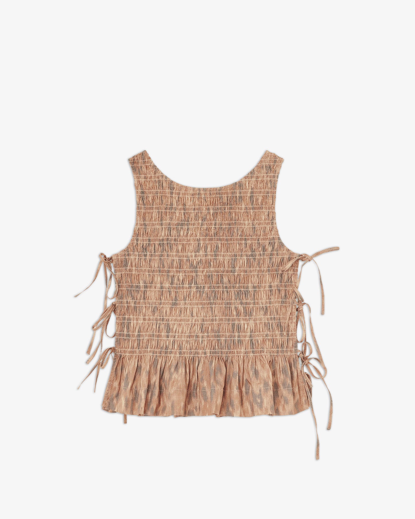 GANNI Printed Stretch Cotton Smocked Tie String Top Burro