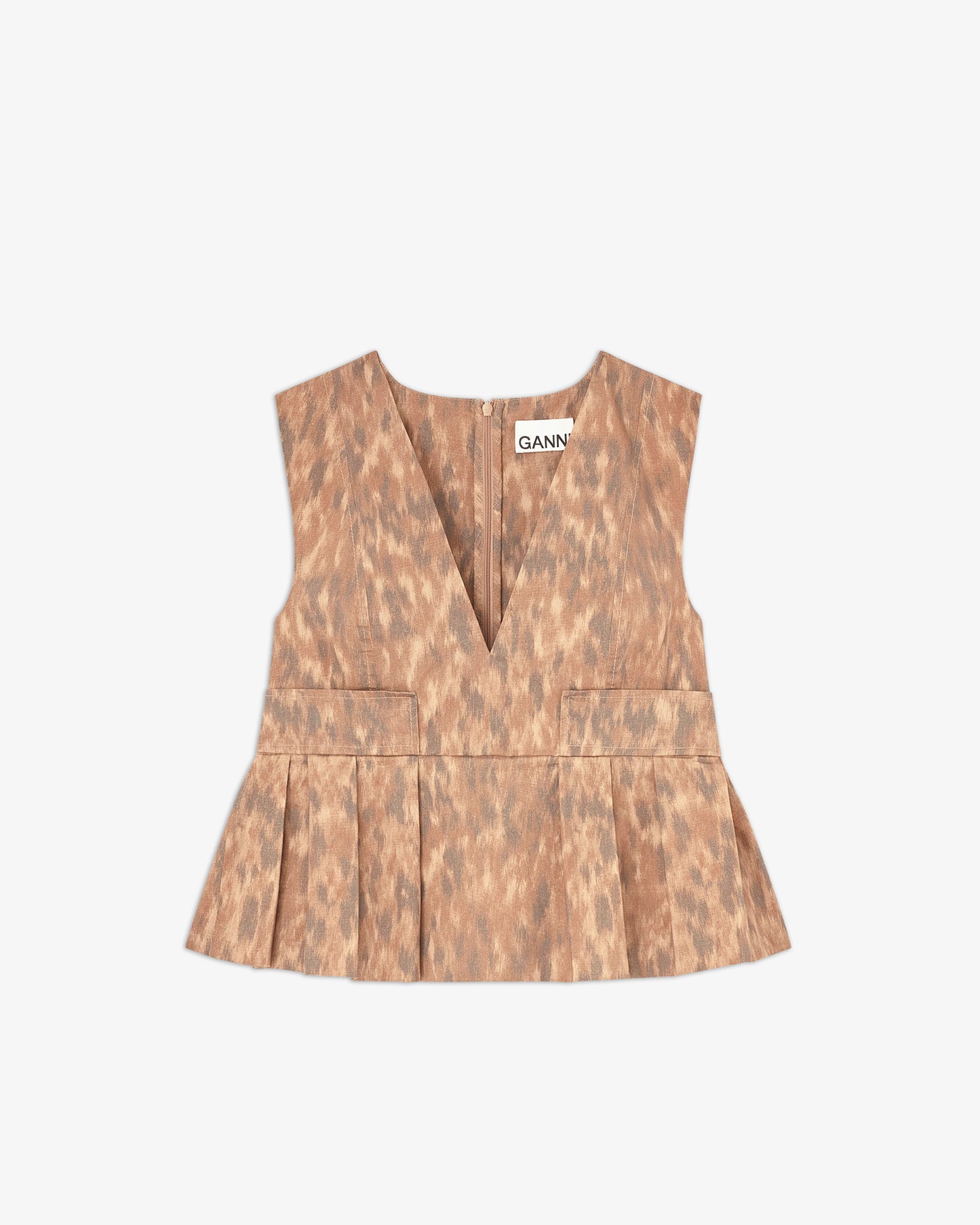GANNI Printed Stretch Cotton V-Neck Pocket Blouse Burro