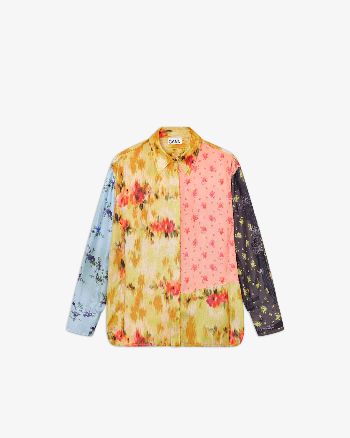 GANNI Multi Printed Silk Twill Long Sleeve Shirt