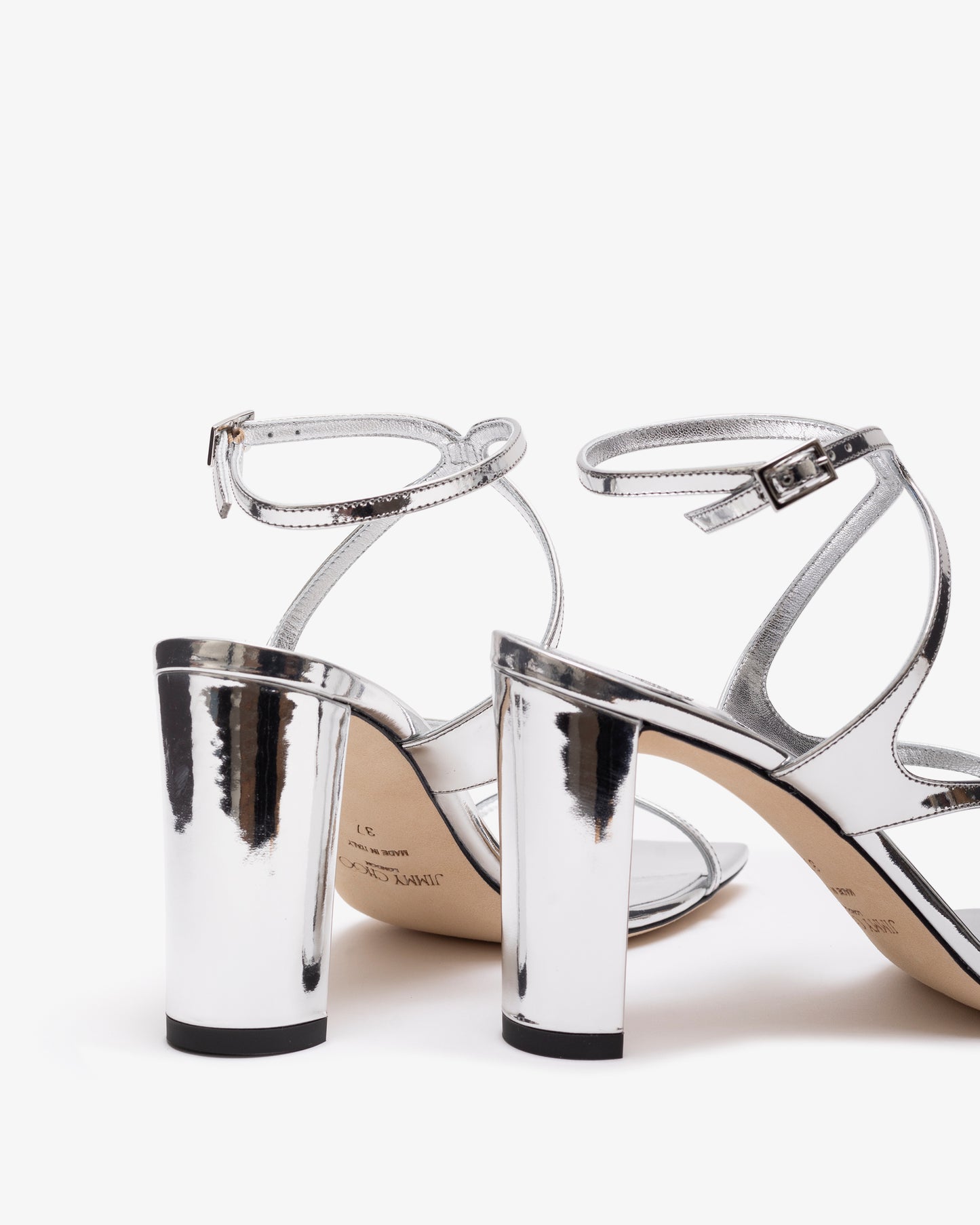 JIMMY CHOO AZIE 85 SINGLE SOLE SANDAL SAN LIQUID METAL LEATHER