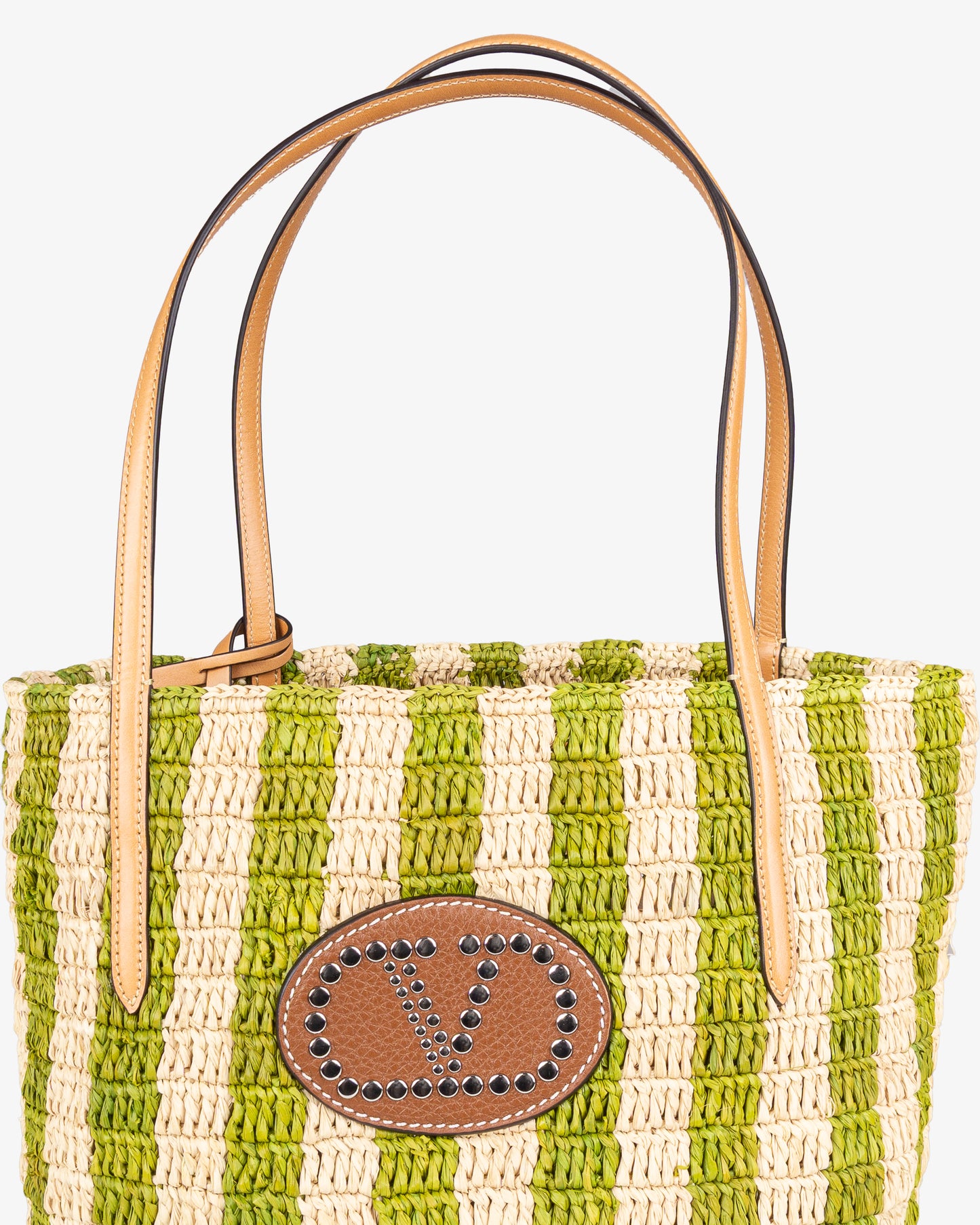 VALENTINO Crochet Rafia Stripes Bucket Naturale Verde Camel