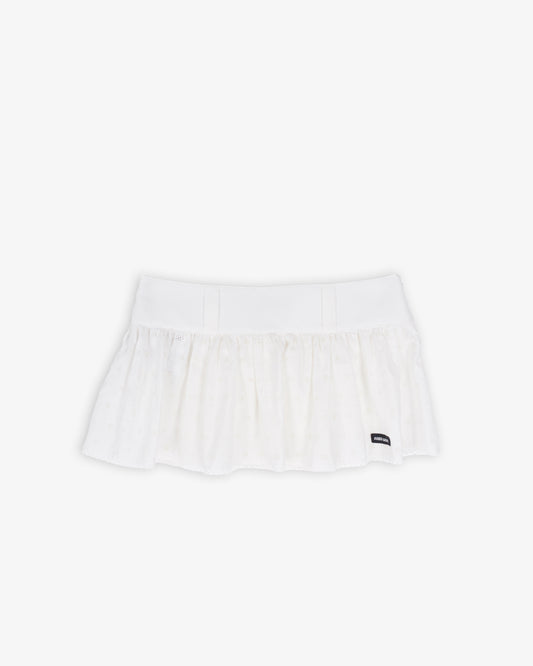 MIU MIU Poplin Mini Skirt with Irregular Texture and Openwork Lace White