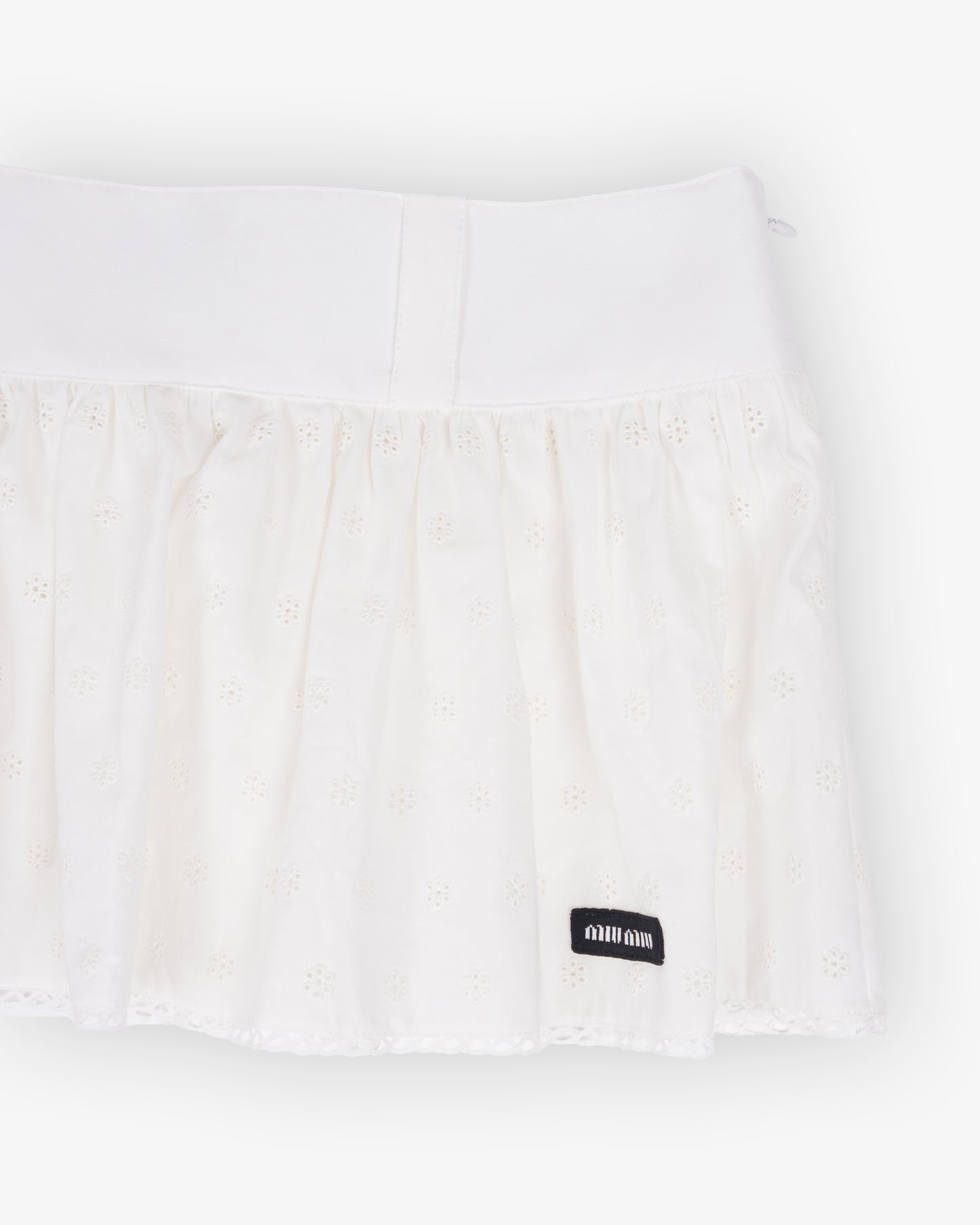 MIU MIU Poplin Mini Skirt with Irregular Texture and Openwork Lace White