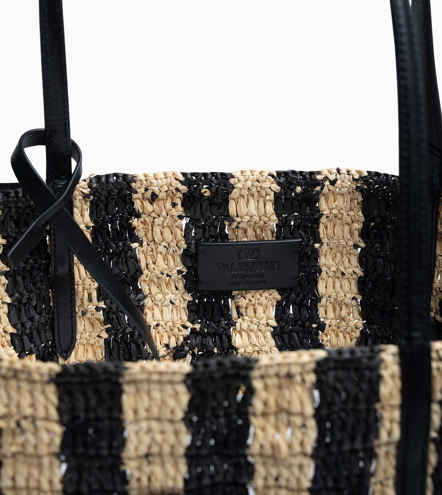 VALENTINO Crochet Rafia Stripes Bucket Naturale Nero