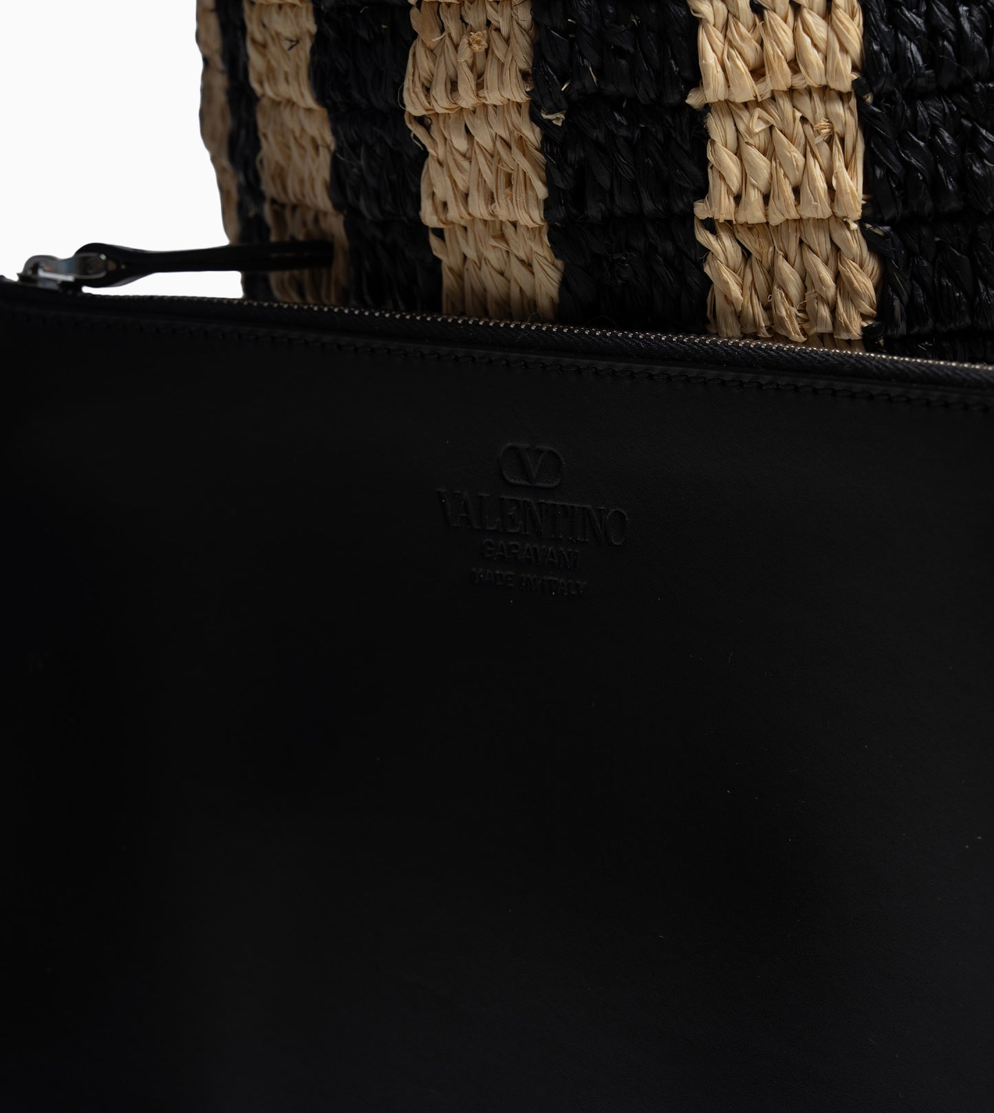 VALENTINO Crochet Rafia Stripes Bucket Naturale Nero