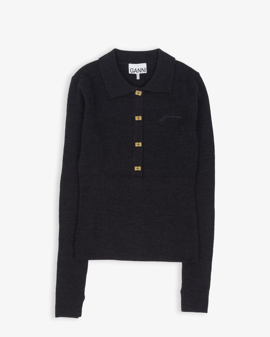 GANNI Mini Ribbed Merino Polo Phantom