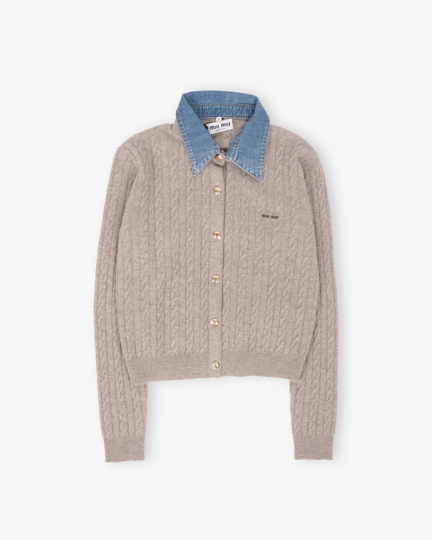 MIU MIU Cardigan with Pearly Top Shell Sabbia