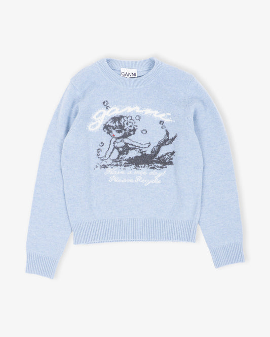 GANNI  Graphic Wool Sweater Mermaid Soft Chambray