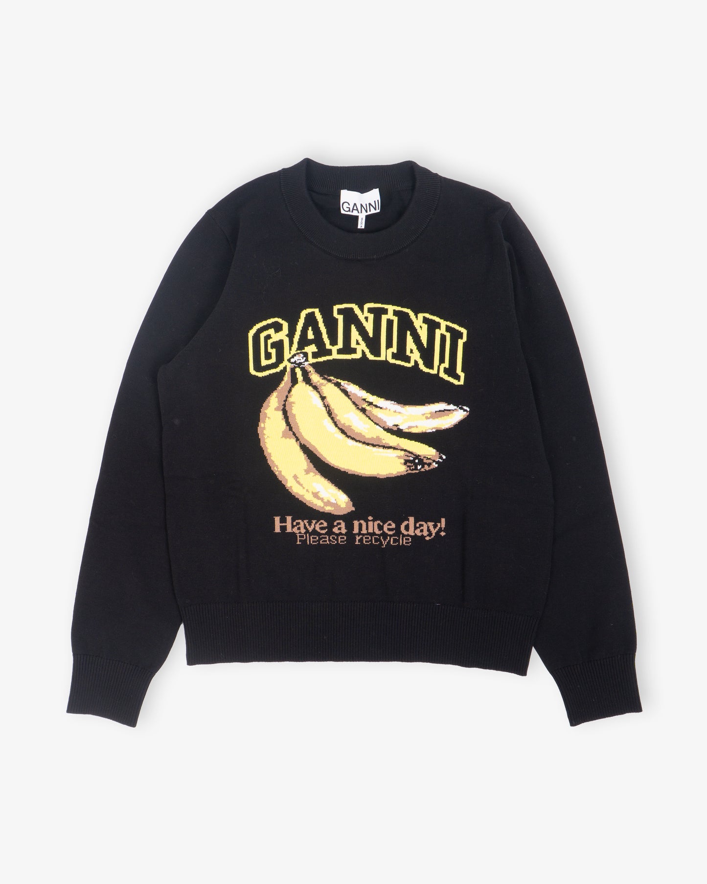 GANNI Fine Cotton Graphic Sweater Banana Black