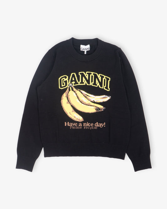 GANNI Fine Cotton Graphic Sweater Banana Black