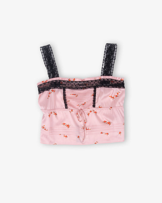 GANNI Printed Sandwashed Silk Satin Lace Slip Top Silver Pink
