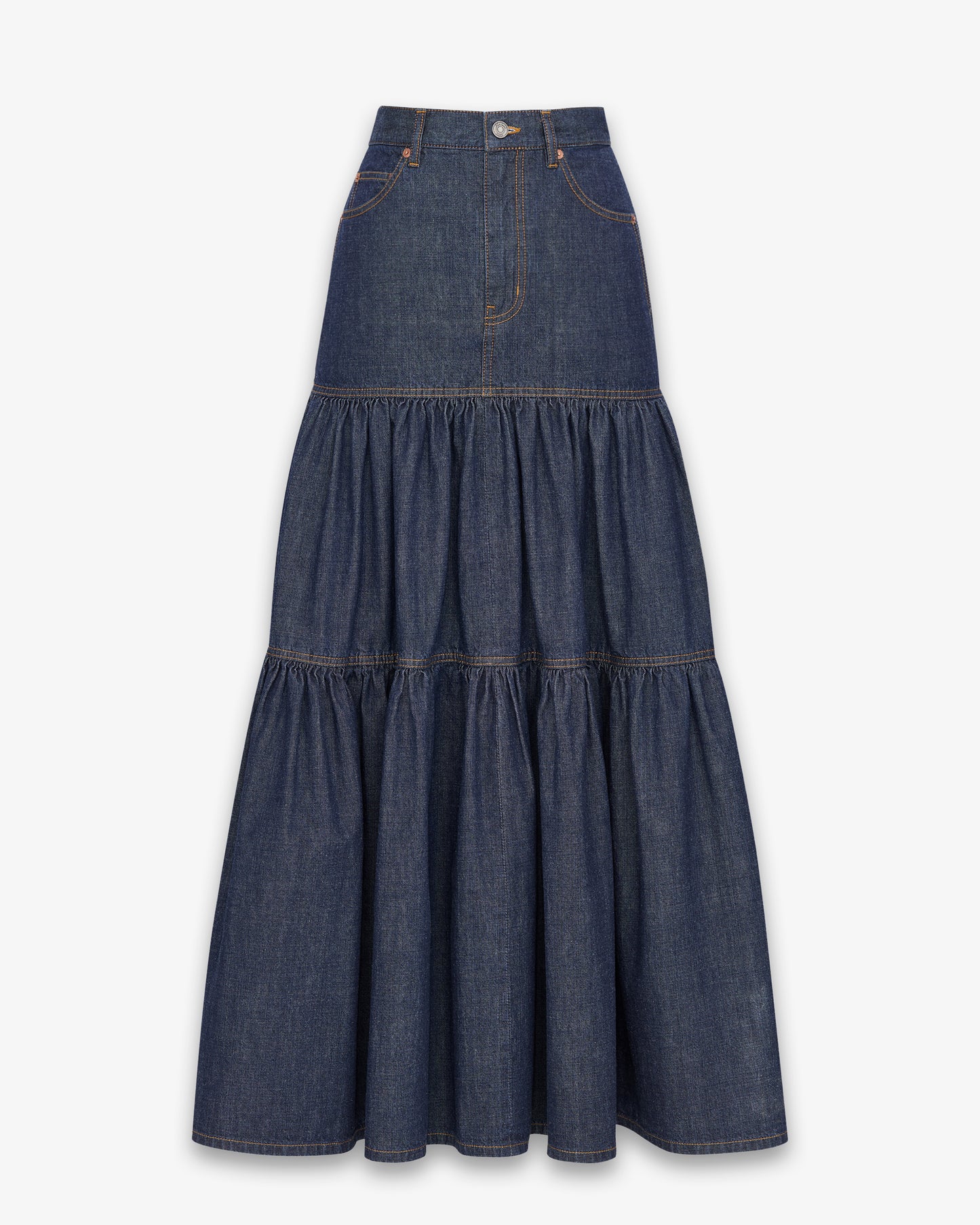SAINT LAURENT Long Ruffled Skirt Indigo Rinse