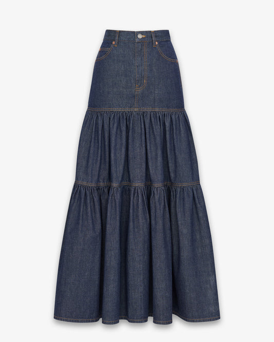 SAINT LAURENT Long Ruffled Skirt Indigo Rinse