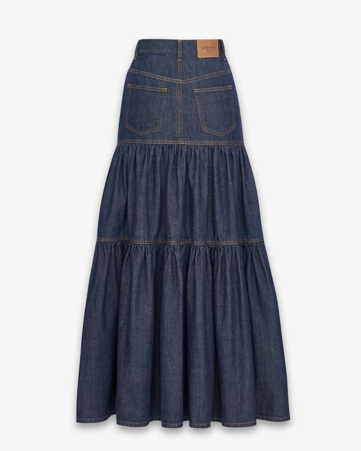 SAINT LAURENT Long Ruffled Skirt Indigo Rinse