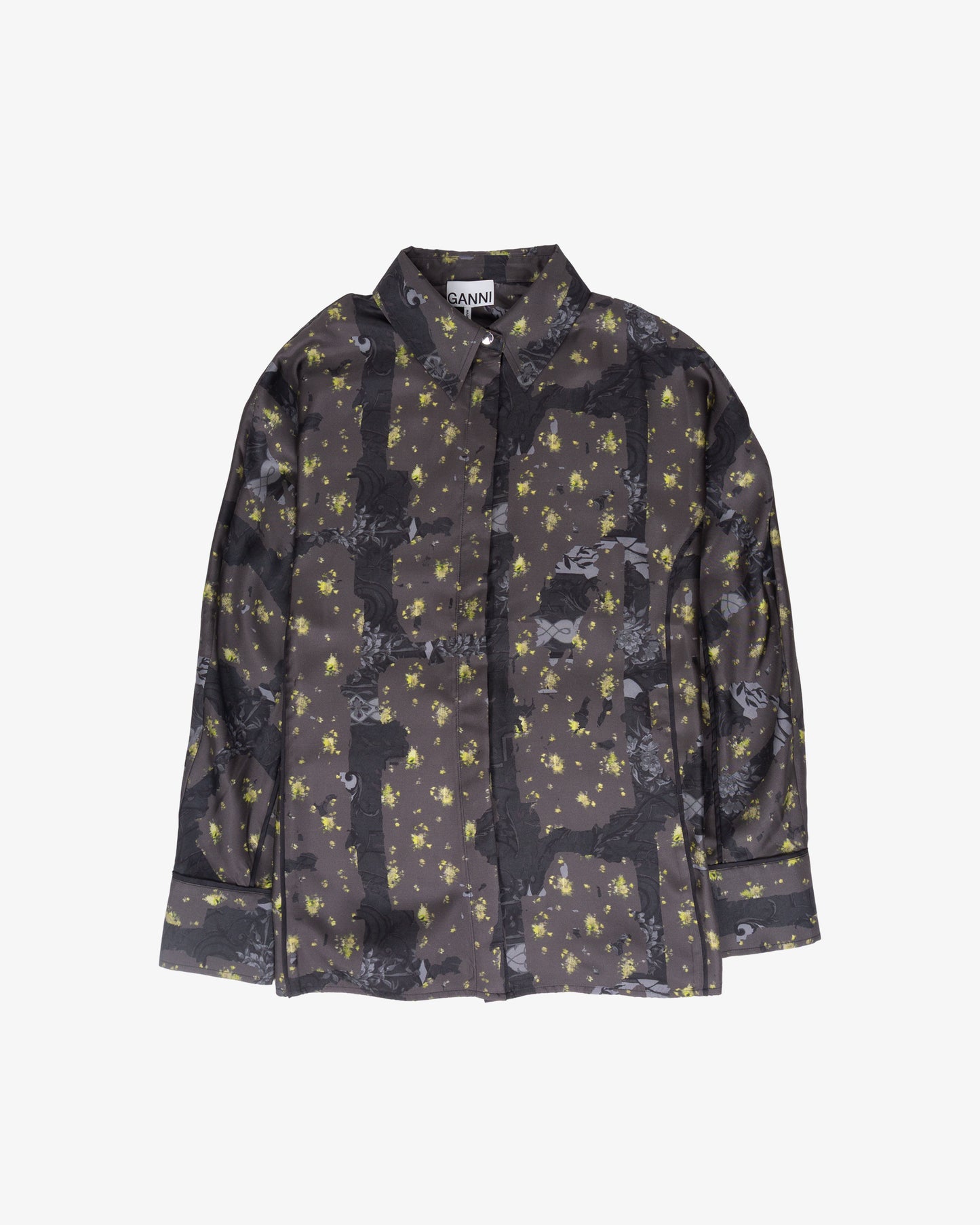 GANNI Printed Silk Twill Long Sleeve Shirt Black Sand