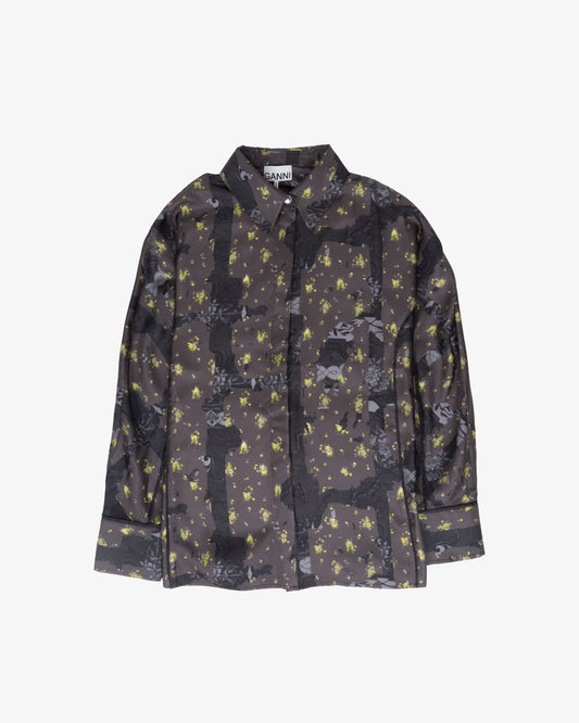 GANNI Printed Silk Twill Long Sleeve Shirt Black Sand