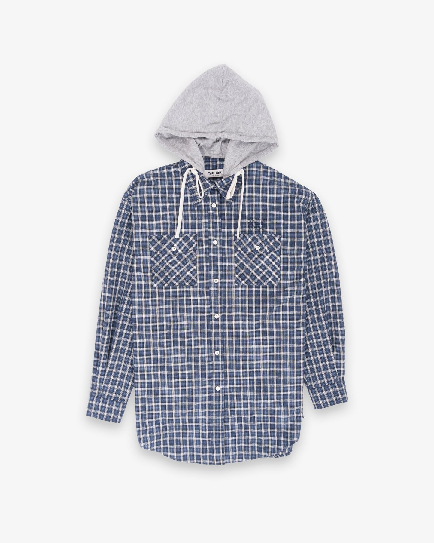 MIU MIU Shirt with Detachabel Hood and Pearly Top Shell Buttons Blue White