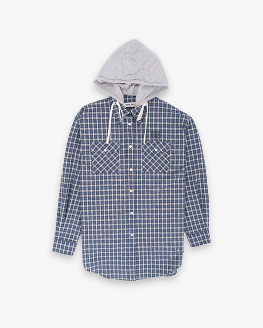 MIU MIU Shirt with Detachabel Hood and Pearly Top Shell Buttons Blue White