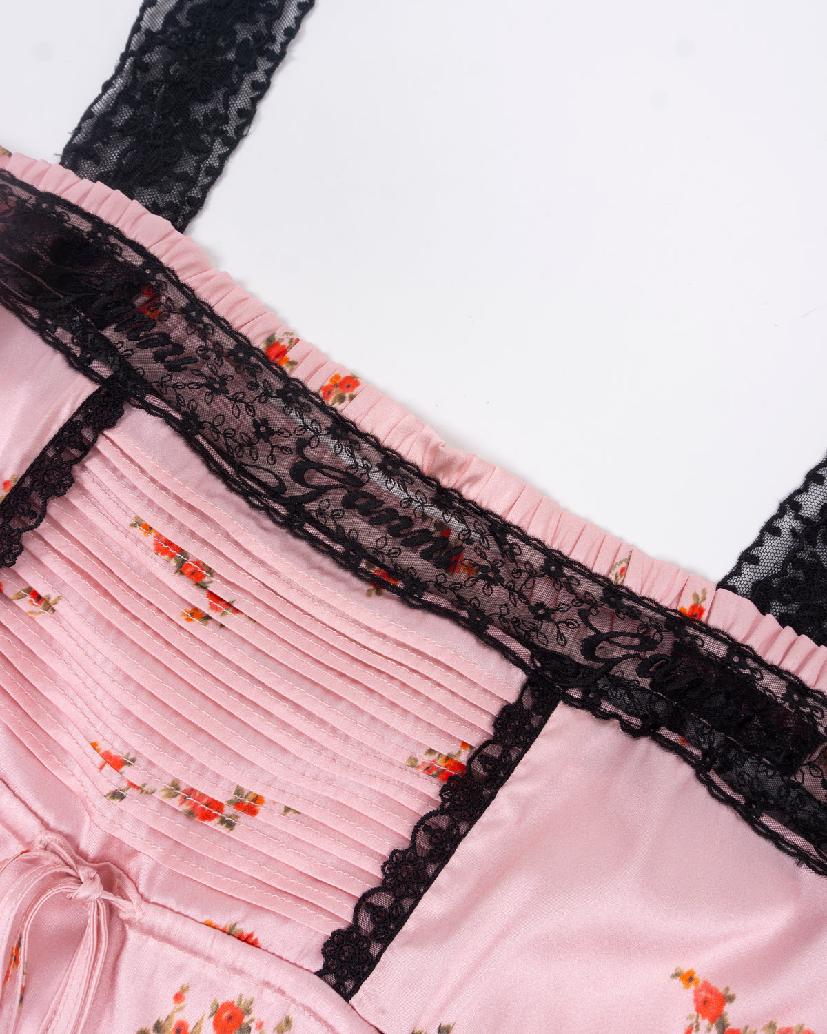 GANNI Printed Sandwashed Silk Satin Lace Slip Top Silver Pink