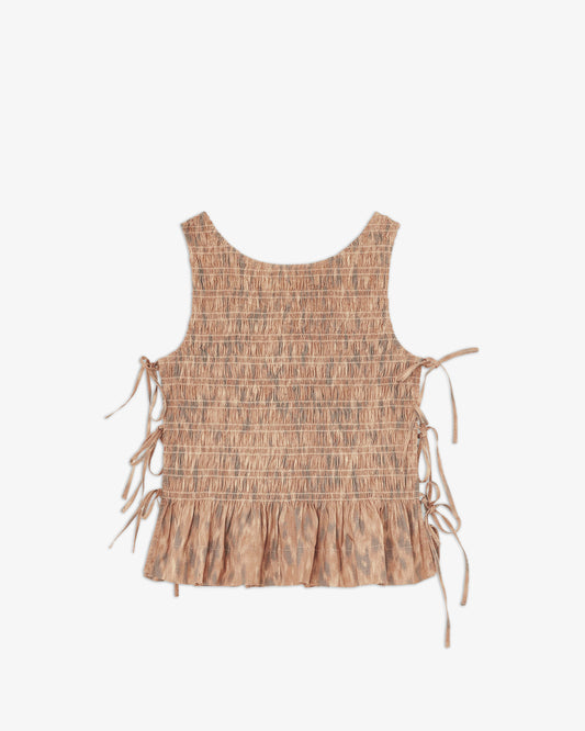 GANNI Printed Stretch Cotton Smocked Tie String Top Burro