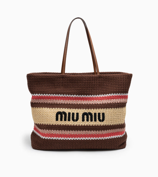 MIU MIU Woven Tote Bag with rafia Effect Tabbaco