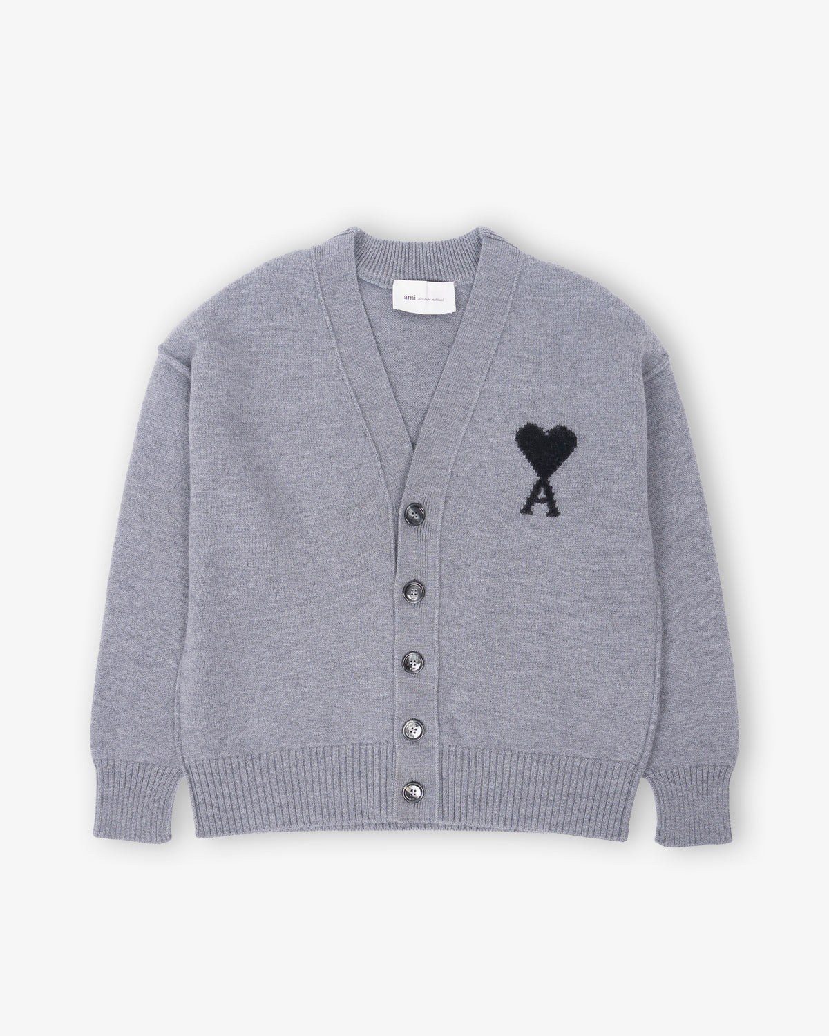 AMI PARIS V Neck Cardigan with Contrasted Ami de Coeur Heather Ash Grey & Black