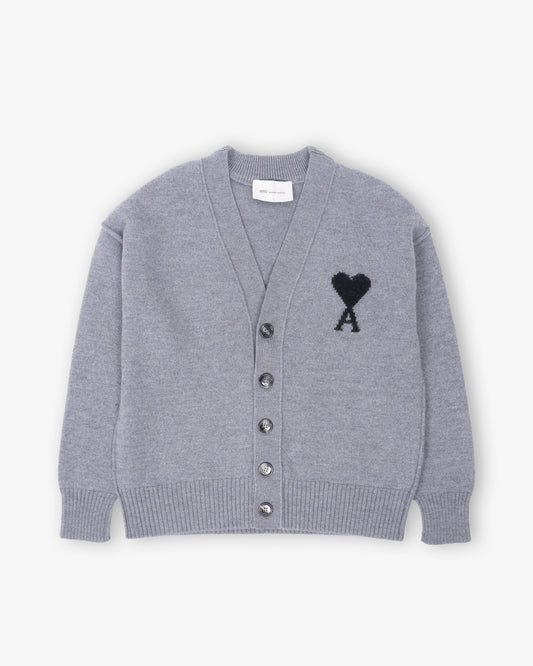 AMI PARIS V Neck Cardigan with Contrasted Ami de Coeur Heather Ash Grey & Black