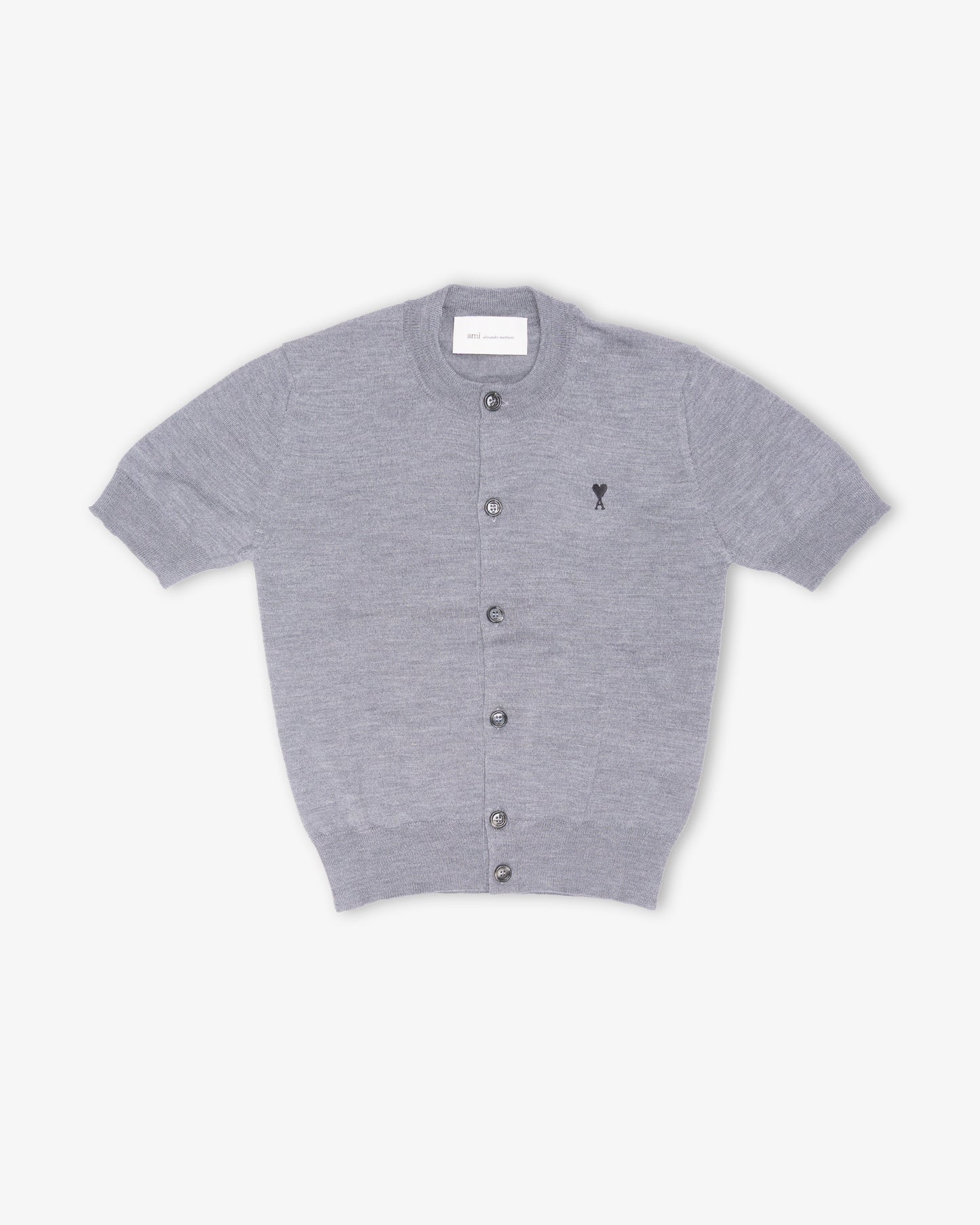 AMI PARIS Short Sleeves Cardigan with Contrasted Ami de Coeur Heather Ash Grey