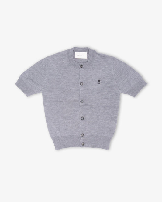 AMI PARIS Short Sleeves Cardigan with Contrasted Ami de Coeur Heather Ash Grey