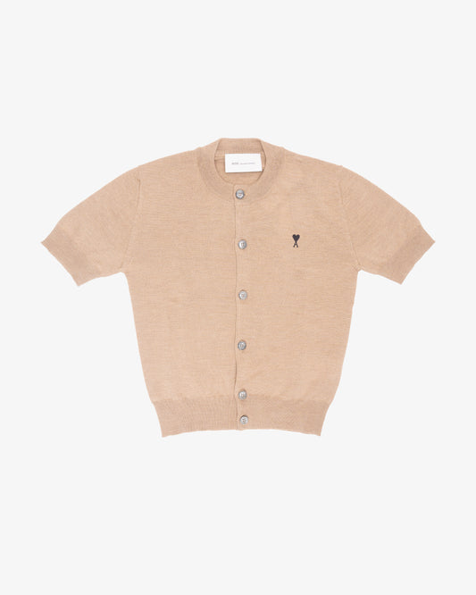 AMI PARIS Short Sleeves Cardigan with Contrasted Ami de Coeur Heather Camel