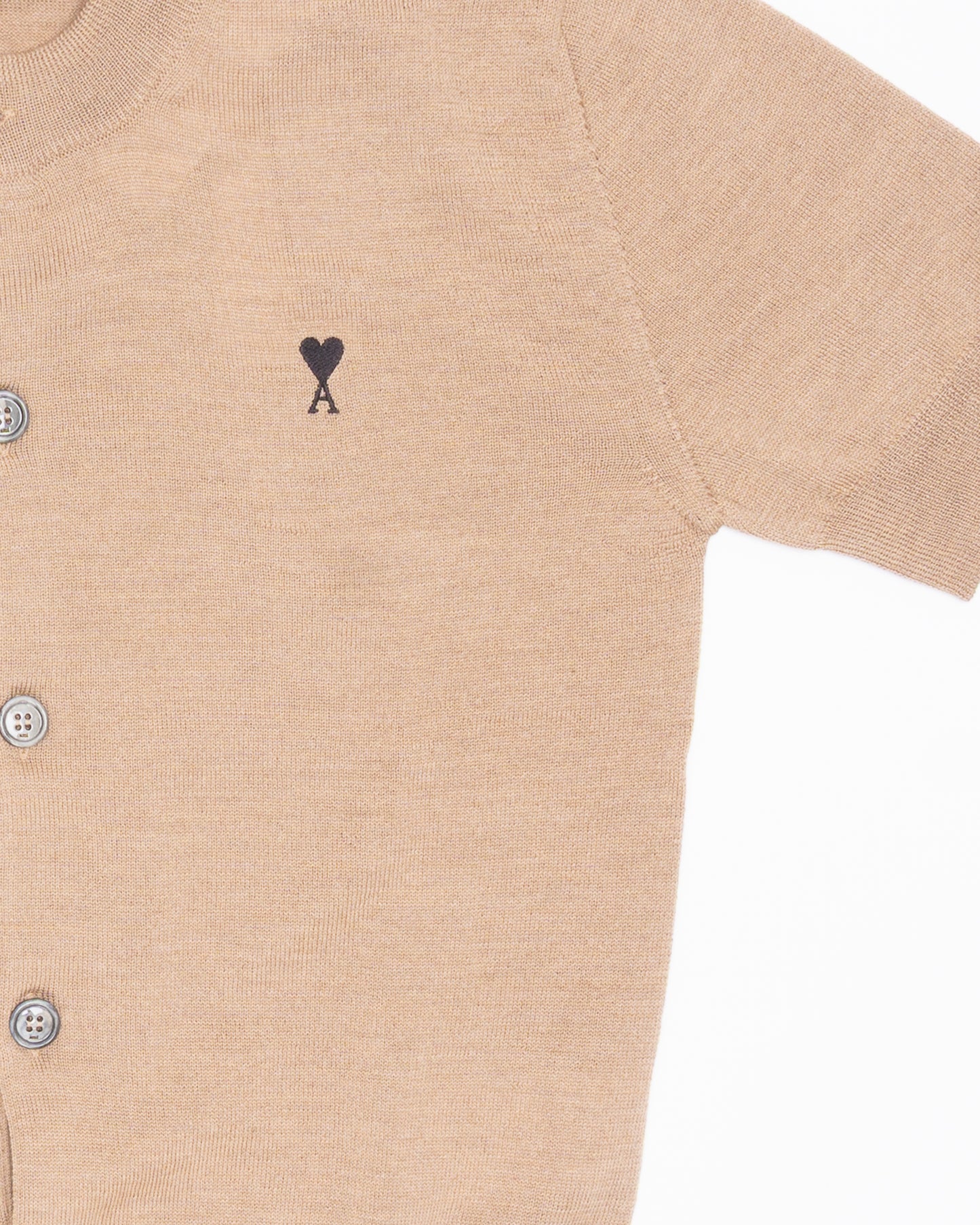 AMI PARIS Short Sleeves Cardigan with Contrasted Ami de Coeur Heather Camel