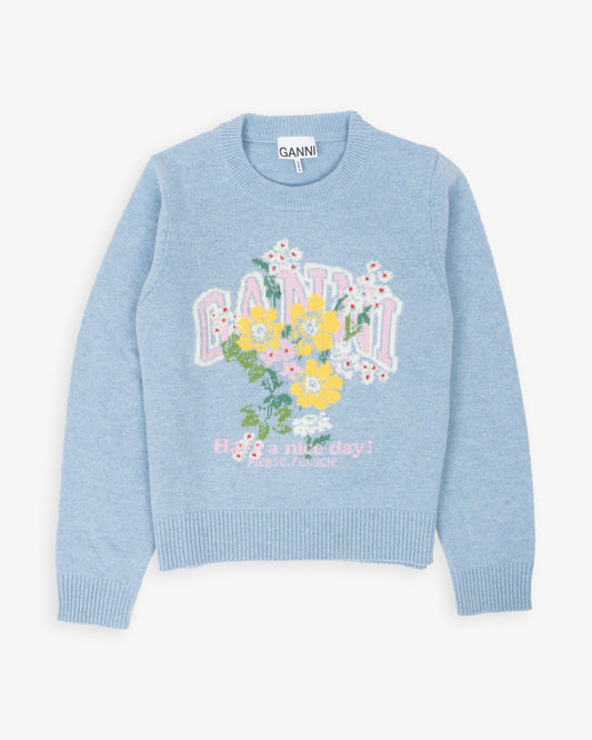 GANNI Graphic Wool Sweater Flowers Blue Bonnet