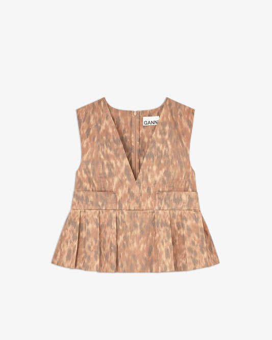 GANNI Printed Stretch Cotton V-Neck Pocket Blouse Burro