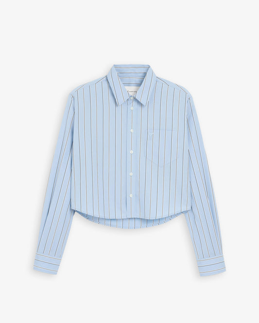 AMI PARIS Cropped Classic Fit Shirt with Embossed Ami de Coeur at Patch Pocket Blue & Ivory