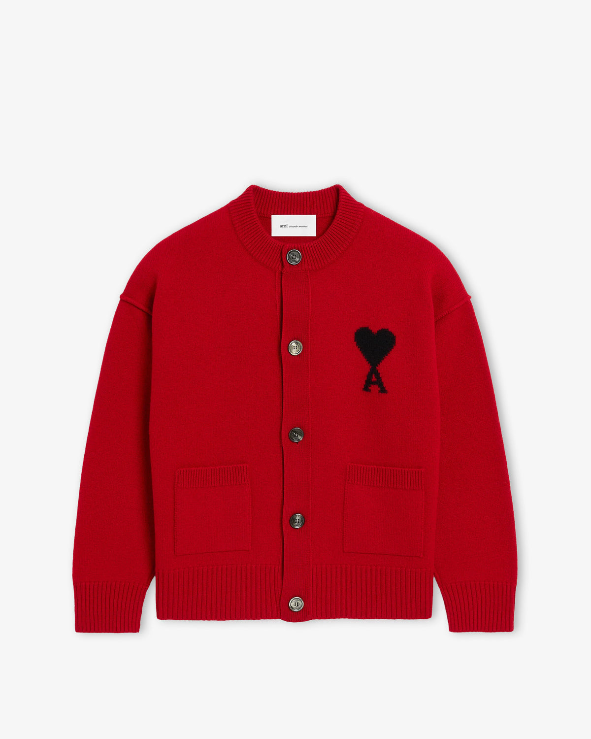 AMI PARIS V Neck Cardigan wth Contrasted Ami de Coeur Ruby Red