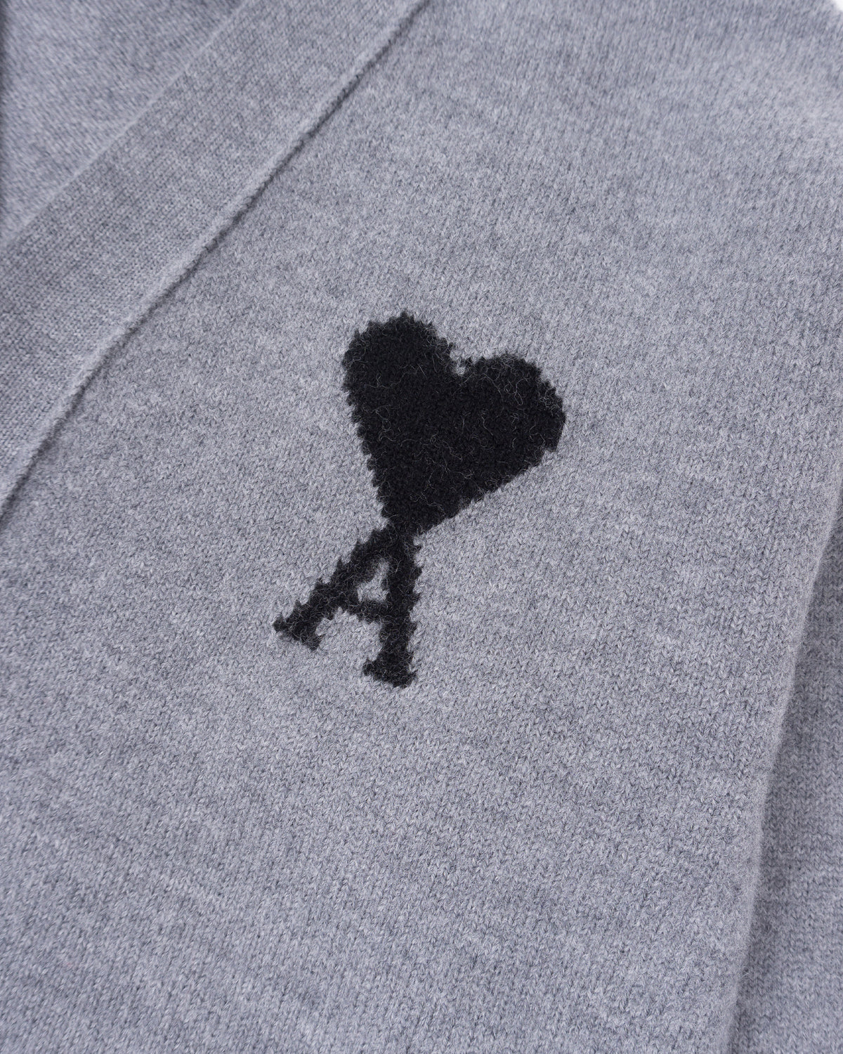 AMI PARIS V Neck Cardigan with Contrasted Ami de Coeur Heather Ash Grey & Black