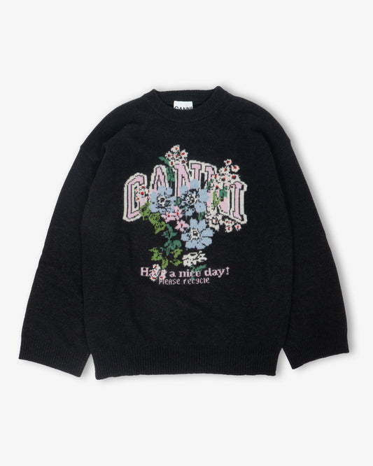 GANNI Graphic Wool Oversized Sweater Flowers Phantom