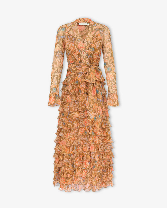 ZIMMERMANN Valiant Ruffle Wrap Dress Olive Toile