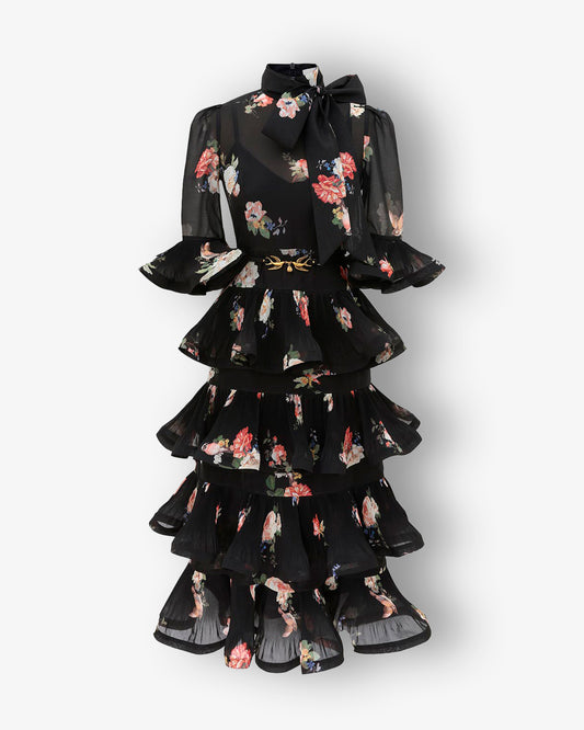 ZIMMERMANN Pleated Sleeved Midi Dress Black Bird