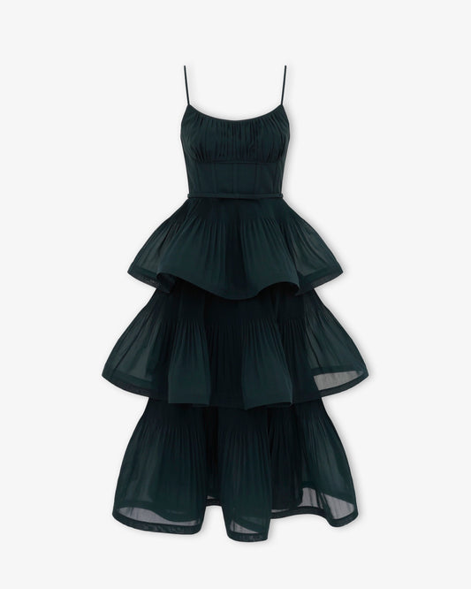 ZIMMERMANN Pleated Tiered Midi Dress Bottle Green