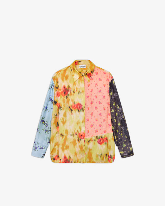 GANNI Multi Printed Silk Twill Long Sleeve Shirt