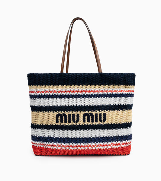 MIU MIU Woven Tote Bag with Raffia Effect Blue