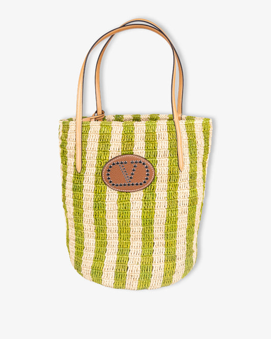 VALENTINO Crochet Rafia Stripes Bucket Naturale Verde Camel