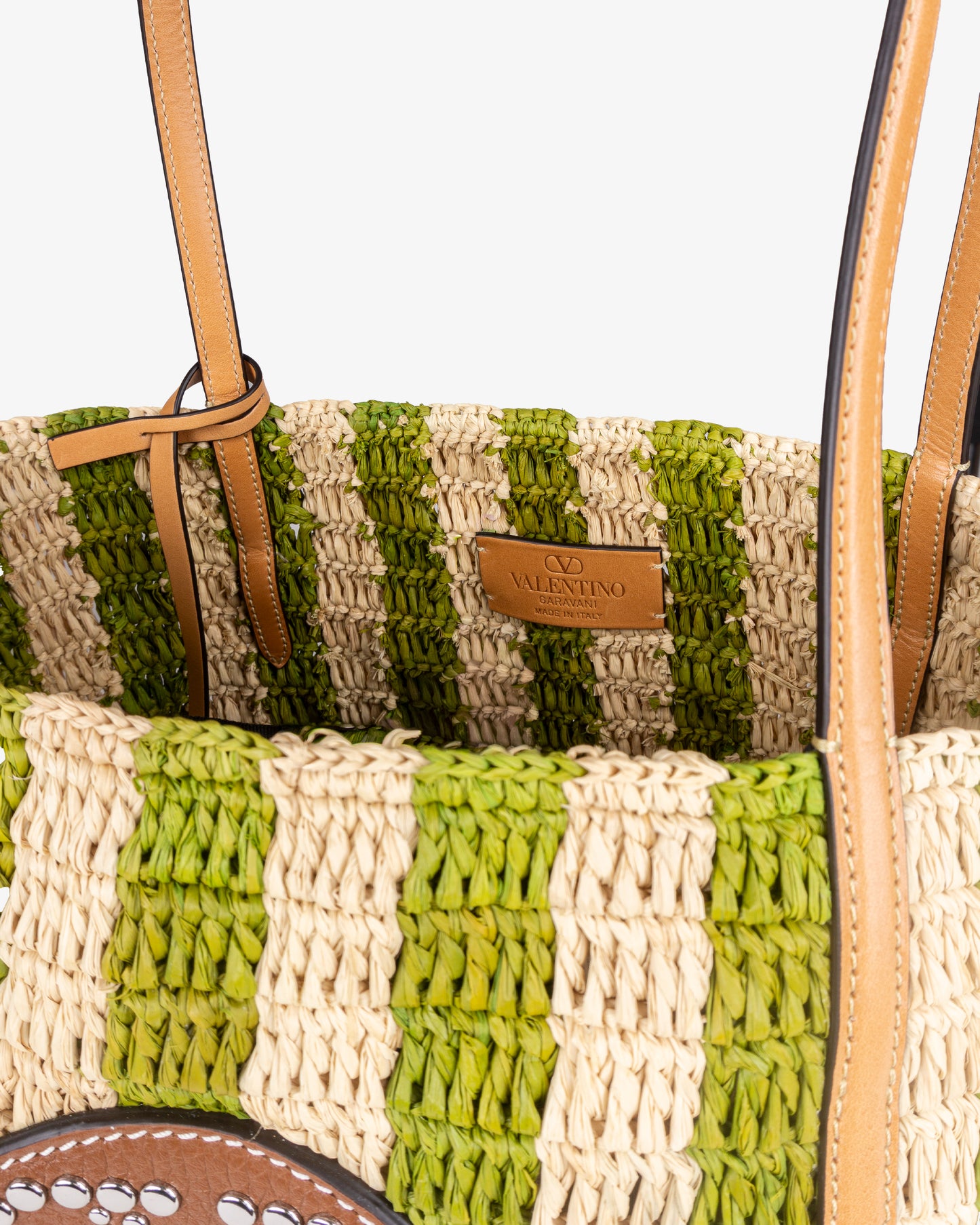 VALENTINO Crochet Rafia Stripes Bucket Naturale Verde Camel