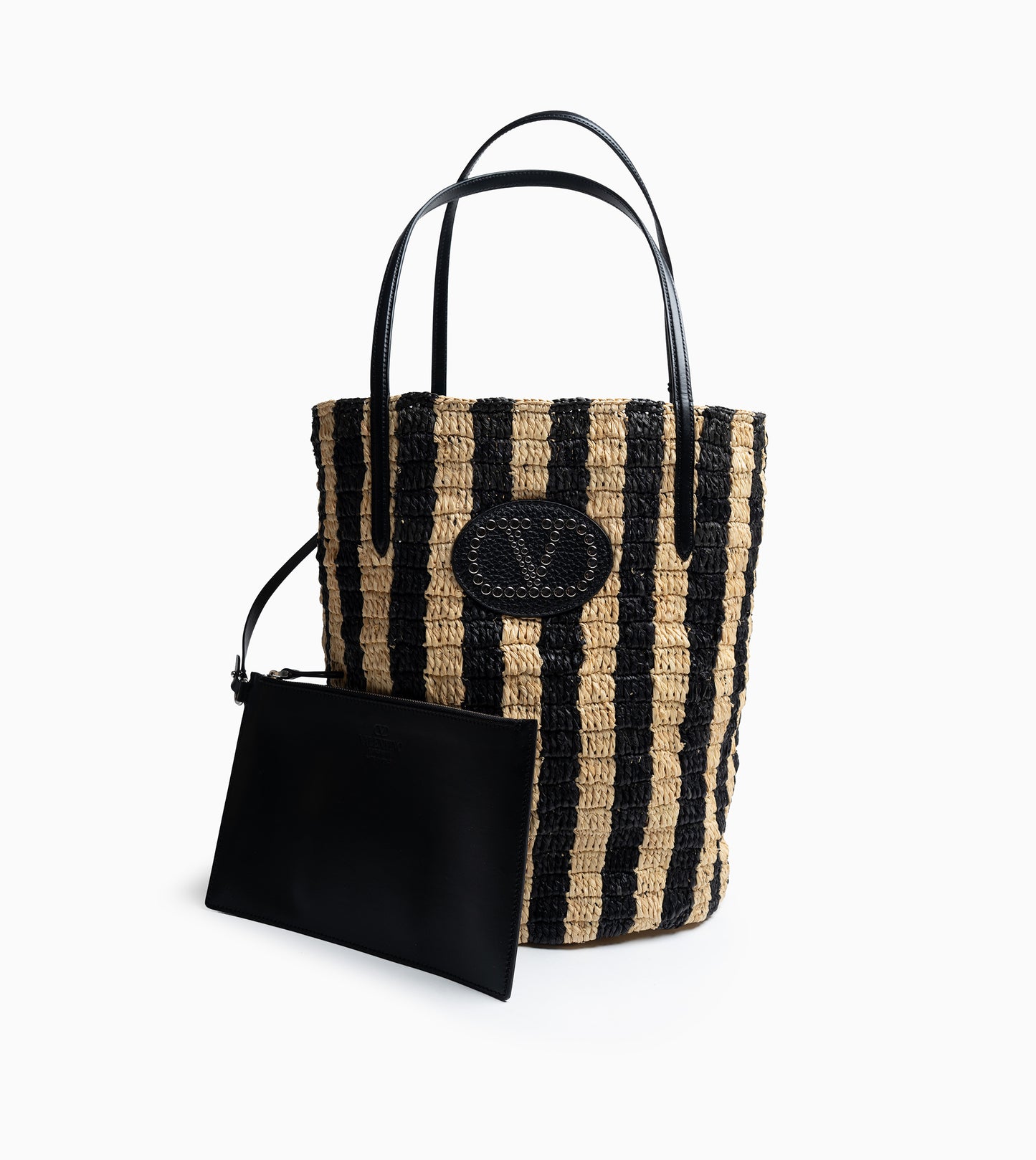 VALENTINO Crochet Rafia Stripes Bucket Naturale Nero