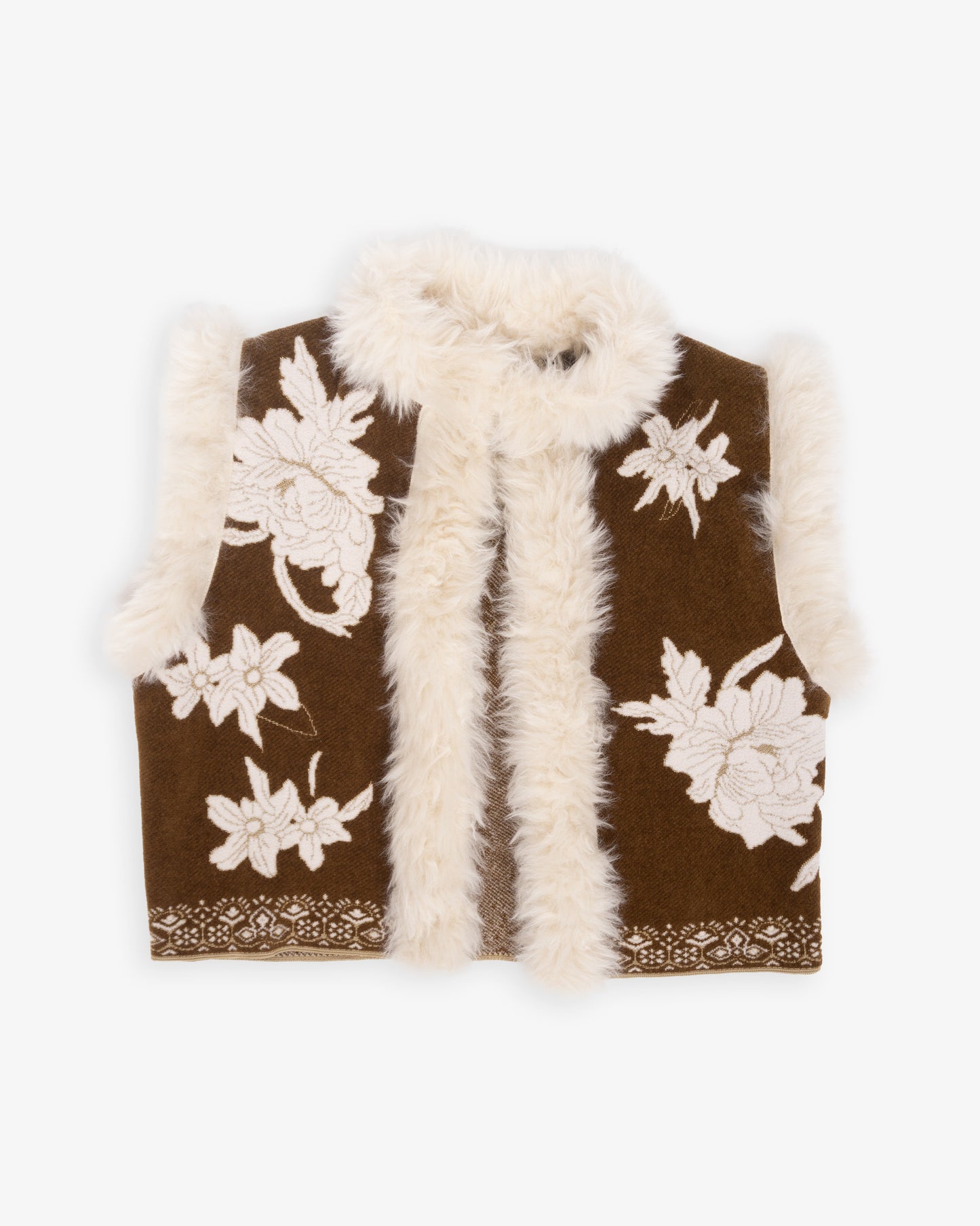 FORTE FORTE "The Lotus" Chenille Jacquard vest Eco fur Details Cumino