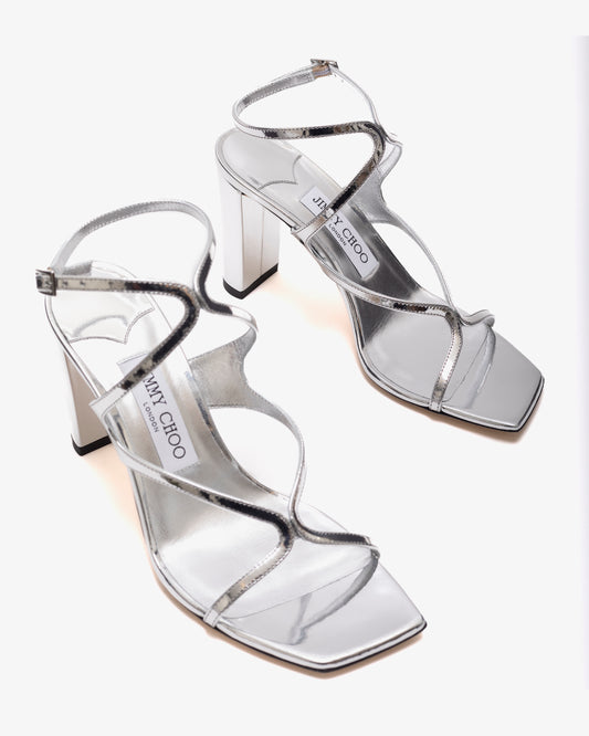 JIMMY CHOO AZIE 85 SINGLE SOLE SANDAL SAN LIQUID METAL LEATHER