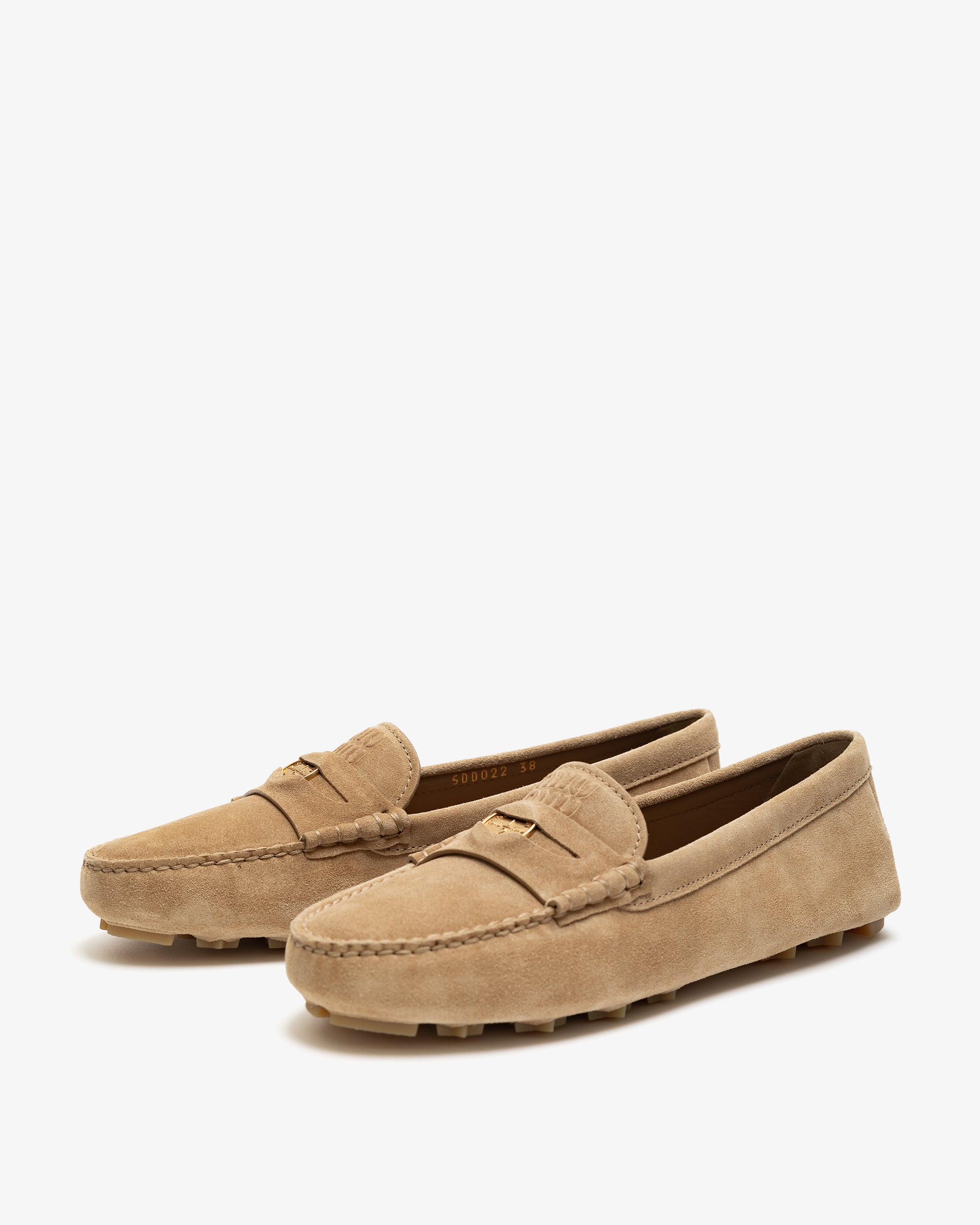 ローファー・オックスフォード MIU MIU Beige Suede Loafers Miu Miu logo-embossed Suede Loafers | Neutrals | FARFETCH